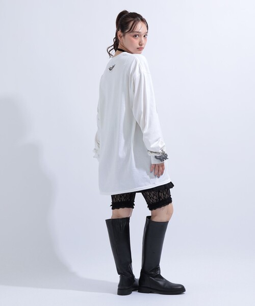 mmts(マミタス)の「【COLLABORATION】清水奈緒 / HAPPY デコ ロングTシャツ 旅行 レイヤード 洗濯可能 主役トップス ライブ 猫(Tシャツ/カットソー・レディース・ホワイト/ブラック・M/XL/L)」の6枚目の写真
