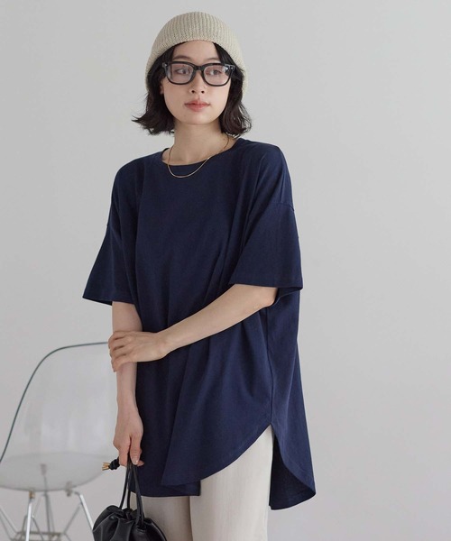 HEART MARKET(ハートマーケット)の「★裾ラウンドビッグTEE(Tシャツ/カットソー・レディース・グリーン/オレンジ/ネイビー/ブラック/ナチュラル・FREE)」の4枚目の写真