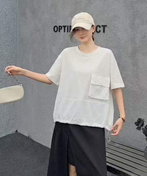 I.O.E(アイオイ)の「ドローストリング ポケットTシャツ(Tシャツ/カットソー・レディース・ホワイト/ブラック/グレー・FREE)」の1枚目の写真