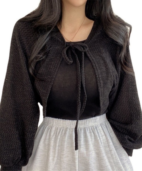 Ritzy(リッツィー)の「リボン紐クロップドショートカーディガン(カーディガン/ボレロ・レディース・ホワイト/ブラック/グレー・FREE)」の2枚目の写真