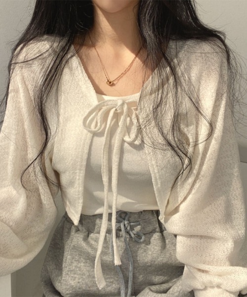 Ritzy(リッツィー)の「リボン紐クロップドショートカーディガン(カーディガン/ボレロ・レディース・ホワイト/ブラック/グレー・FREE)」の12枚目の写真