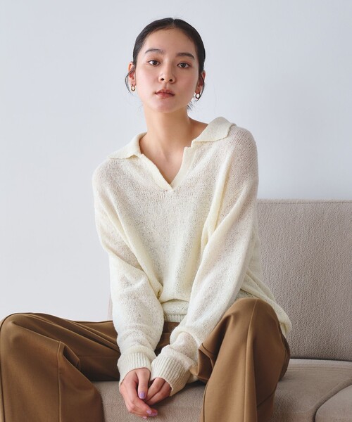 BEAUTY&YOUTH UNITED ARROWS（ビューティーアンドユースユナイテッドアローズ）の「テープヤーン スキッパー ニットプルオーバー ウォッシャブル（ニット/セーター・レディース・オフホワイト/ピンク/ブラック・FREE）」の2枚目の写真