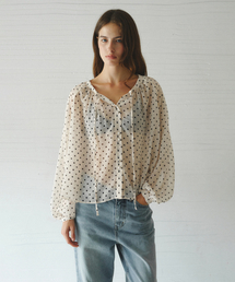 LUCIA raglan shirring dot blouse_BEIGE DOT
