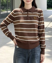 ポロ襟ボーダー長袖ニット