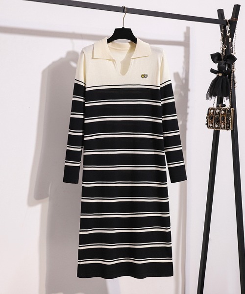 AMAJI(アマジ)の「ボーダー柄 ニットワンピース(ワンピース・レディース・ホワイト/ブラック・MEDIUM/LARGE/X-LARGE)」の1枚目の写真