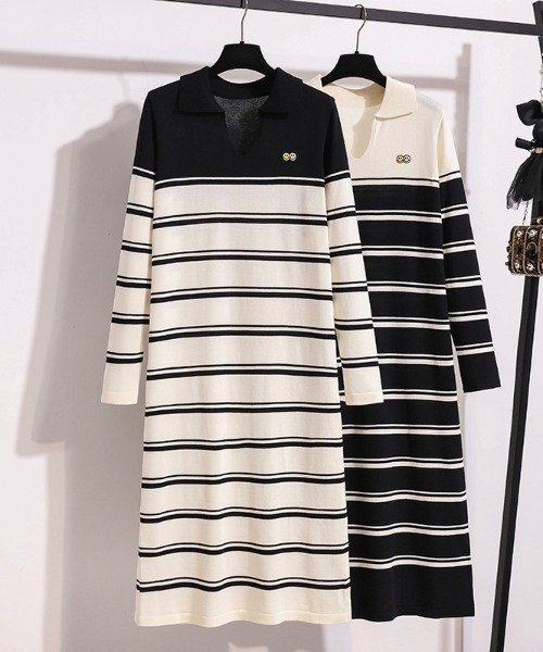 AMAJI(アマジ)の「ボーダー柄 ニットワンピース(ワンピース・レディース・ホワイト/ブラック・MEDIUM/LARGE/X-LARGE)」の4枚目の写真