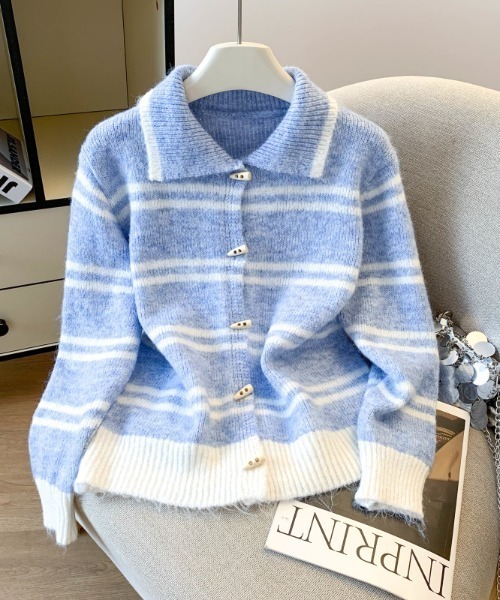 LUCPY(ラクピー)の「ボーダー ポロカラーニットカーディガン(カーディガン/ボレロ・レディース・ライトブルー/ネイビー/グレー・FREE)」の2枚目の写真