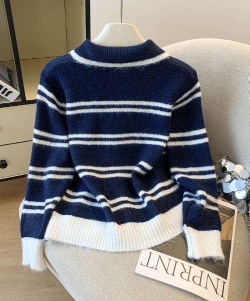 LUCPY(ラクピー)の「ボーダー ポロカラーニットカーディガン(カーディガン/ボレロ・レディース・ライトブルー/ネイビー/グレー・FREE)」の5枚目の写真