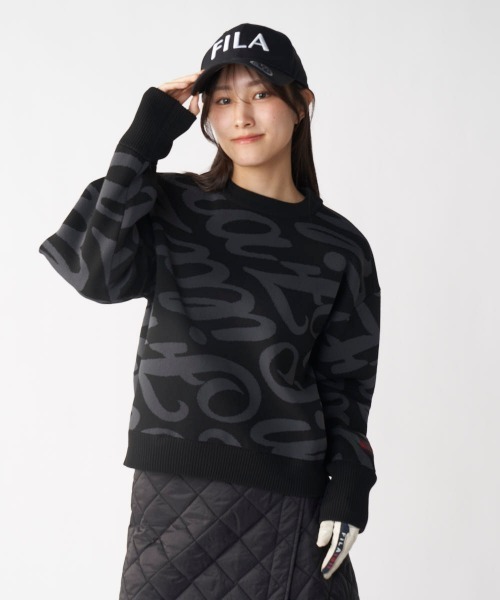 FILA GOLF（フィラゴルフ ）の「【FILA GOLF/フィラゴルフ】レディース総柄ロゴクルーネックセーター　ゴルフ（ニット/セーター・レディース・ブラック/グレー・LARGE/X-LARGE/MEDIUM）」の2枚目の写真