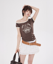 BUTTON SLIT DETAIL LITTLE WINGS T-SHIRT(BROWN)