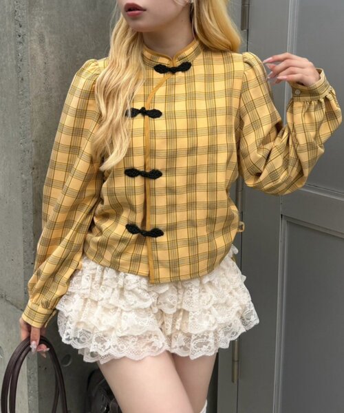 continuer de NICE CLAUP(コンティニューデナイスクラップ)の「ドロストチャイナブラウス(シャツ/ブラウス・レディース・ブラウン系その他2/ブラック/イエロー系その他・FREE)」の6枚目の写真