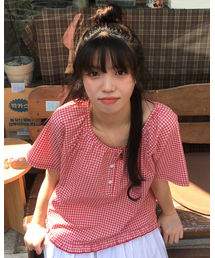CHECK HENLEY NECK BLOUSE(RED)