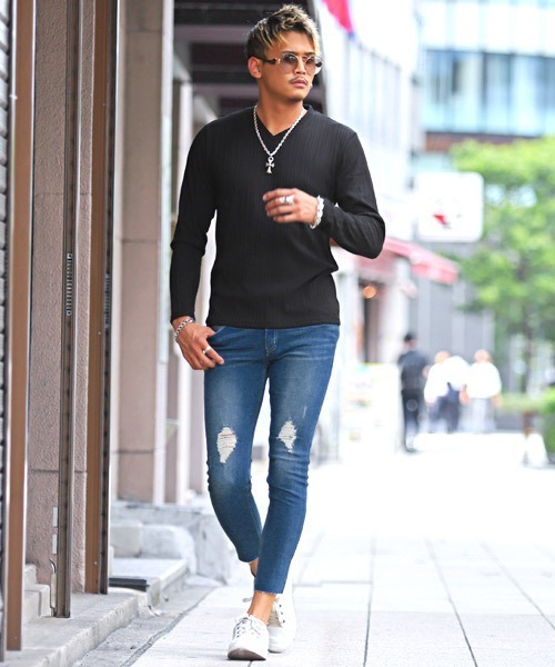 LUXSTYLE（ラグスタイル）の「クラッシュストレッチスキニーデニムカットオフパンツ（デニムパンツ・メンズ・ライトブルー/ネイビー/ブルー/ブラック系その他/ブルー系その他/ブラック/インディゴブルー/ダークグレー/ダークブルー/サックスブルー・L/M/XL/S）」の13枚目の写真