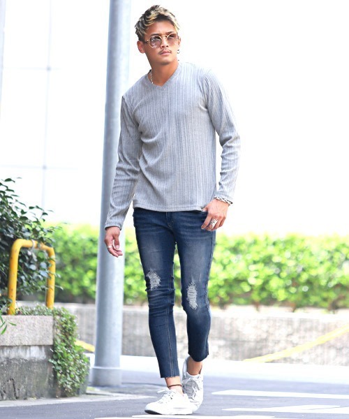 LUXSTYLE（ラグスタイル）の「クラッシュストレッチスキニーデニムカットオフパンツ（デニムパンツ・メンズ・ライトブルー/ネイビー/ブルー/ブラック系その他/ブルー系その他/ブラック/インディゴブルー/ダークグレー/ダークブルー/サックスブルー・L/M/XL/S）」の22枚目の写真