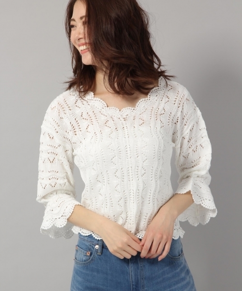 Andemiu(アンデミュウ)の「スカシアミニットトップス790811(ニット/セーター・レディース・ホワイト/ブラック/イエロー・FREE)」の1枚目の写真