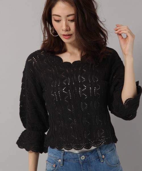 Andemiu(アンデミュウ)の「スカシアミニットトップス790811(ニット/セーター・レディース・ホワイト/ブラック/イエロー・FREE)」の2枚目の写真