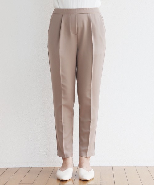 きれいめツイル美脚タックテーパードパンツセンタープレスパンツウエストゴム