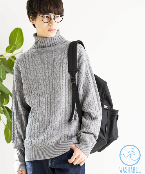 WEGO（ウィゴー）の「WEGO/ケーブルタートルニット（ニット/セーター・メンズ・キャメル/杢グレー/ホワイト/ブラック・MEDIUM/LARGE/SMALL）」の3枚目の写真