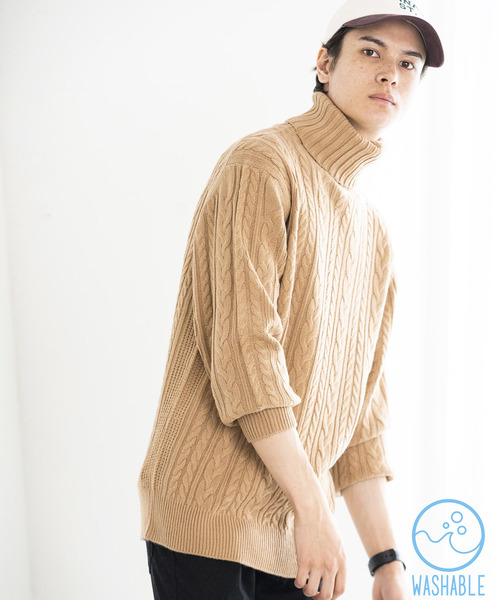 WEGO（ウィゴー）の「WEGO/ケーブルタートルニット（ニット/セーター・メンズ・キャメル/杢グレー/ホワイト/ブラック・MEDIUM/LARGE/SMALL）」の4枚目の写真