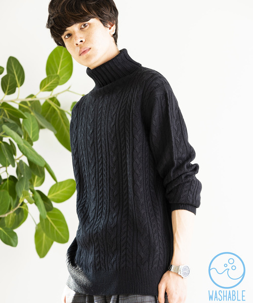 WEGO（ウィゴー）の「WEGO/ケーブルタートルニット（ニット/セーター・メンズ・キャメル/杢グレー/ホワイト/ブラック・MEDIUM/LARGE/SMALL）」の2枚目の写真