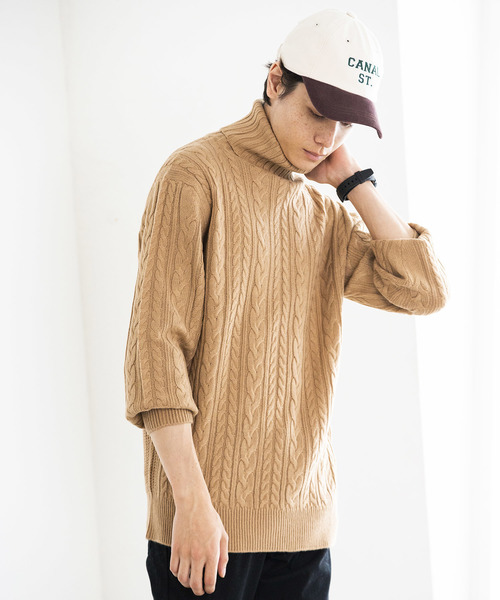 WEGO（ウィゴー）の「WEGO/ケーブルタートルニット（ニット/セーター・メンズ・キャメル/杢グレー/ホワイト/ブラック・MEDIUM/LARGE/SMALL）」の21枚目の写真