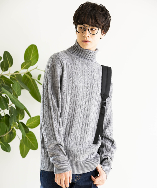 WEGO（ウィゴー）の「WEGO/ケーブルタートルニット（ニット/セーター・メンズ・キャメル/杢グレー/ホワイト/ブラック・MEDIUM/LARGE/SMALL）」の16枚目の写真