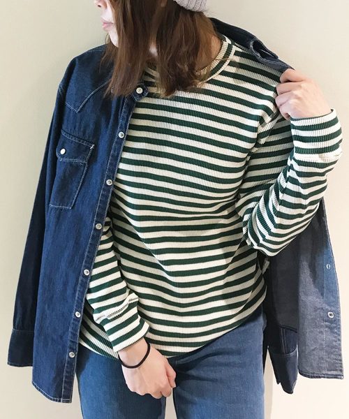 GREEN BOWL(グリーンボウル)の「GREEN BOWL Border Pattern Waffle T-shirts/グリーンンボウル ボーダー 柄 ワッフル Tシャツ(Tシャツ/カットソー・メンズ・レッド/イエロー/ブルー/グリーン/杢グレー・40/38)」の3枚目の写真