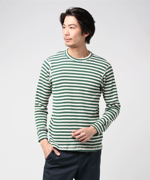 GREEN BOWL(グリーンボウル)の「GREEN BOWL Border Pattern Waffle T-shirts/グリーンンボウル ボーダー 柄 ワッフル Tシャツ(Tシャツ/カットソー・メンズ・レッド/イエロー/ブルー/グリーン/杢グレー・40/38)」の10枚目の写真