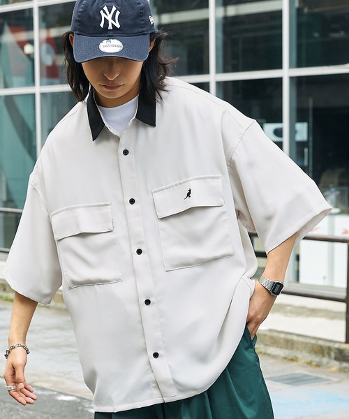 KANGOL（カンゴール）の「MONO-MART×KANGOL リラックスレギュラー クレリックカラー オーバーサイズ ドレープ 1/2 sleeve CPOシャツ（シャツ/ブラウス・メンズ・ベージュ系その他/ブラック/オレンジ系その他/ライトグレー/グリーン系その他/ベージュ/ネイビー/グレー系その他/ベージュ系その他2/ブラック系その他/ライトブルー/ベージュ系その他3/グレー系その他2/グレイッシュベージュ/ライラック・L/M）」の10枚目の写真