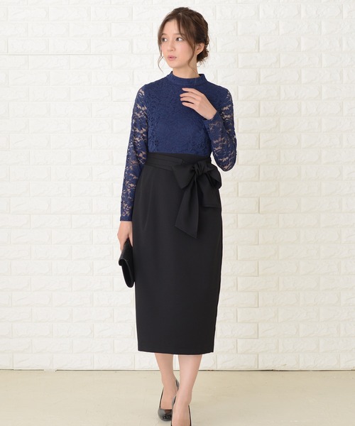 Lace Ladies(レースレディース)の「レース長袖ウエストリボン スリット入りワンピースドレス(ドレス・レディース・ブラック/ワインレッド/ピンク/ネイビー・S/M/L/XL/XXL)」の2枚目の写真