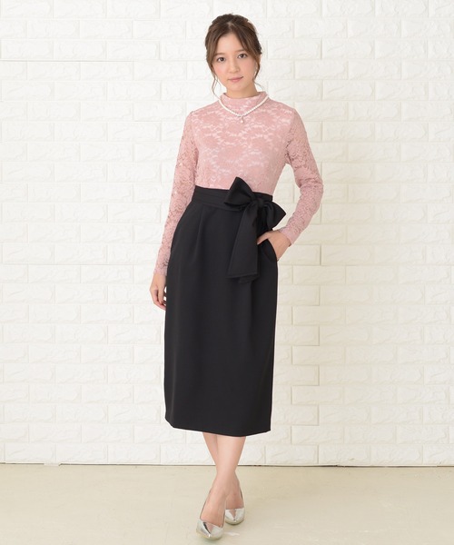 買い値下 スリット入りワンピースドレス レース長袖ウエストリボン 売れ済クリアランス