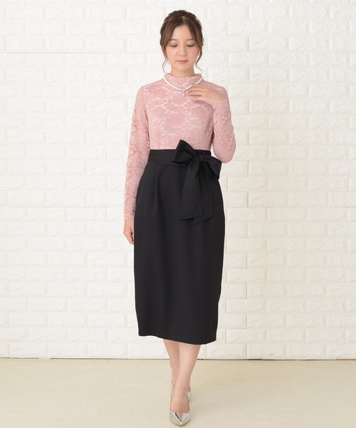 Lace Ladies(レースレディース)の「レース長袖ウエストリボン スリット入りワンピースドレス(ドレス・レディース・ブラック/ワインレッド/ピンク/ネイビー・S/M/L/XL/XXL)」の11枚目の写真
