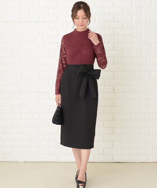 Lace Ladies(レースレディース)の「レース長袖ウエストリボン スリット入りワンピースドレス(ドレス・レディース・ブラック/ワインレッド/ピンク/ネイビー・S/M/L/XL/XXL)」の15枚目の写真
