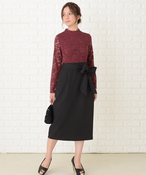 Lace Ladies(レースレディース)の「レース長袖ウエストリボン スリット入りワンピースドレス(ドレス・レディース・ブラック/ワインレッド/ピンク/ネイビー・S/M/L/XL/XXL)」の16枚目の写真