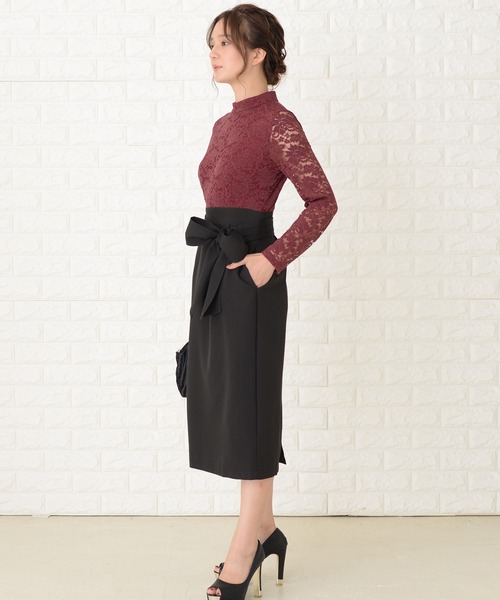 Lace Ladies(レースレディース)の「レース長袖ウエストリボン スリット入りワンピースドレス(ドレス・レディース・ブラック/ワインレッド/ピンク/ネイビー・S/M/L/XL/XXL)」の19枚目の写真