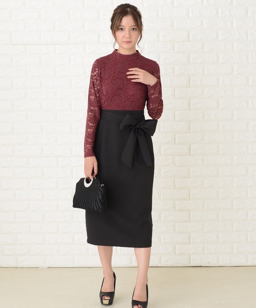 セール】レース長袖ウエストリボン スリット入りワンピース