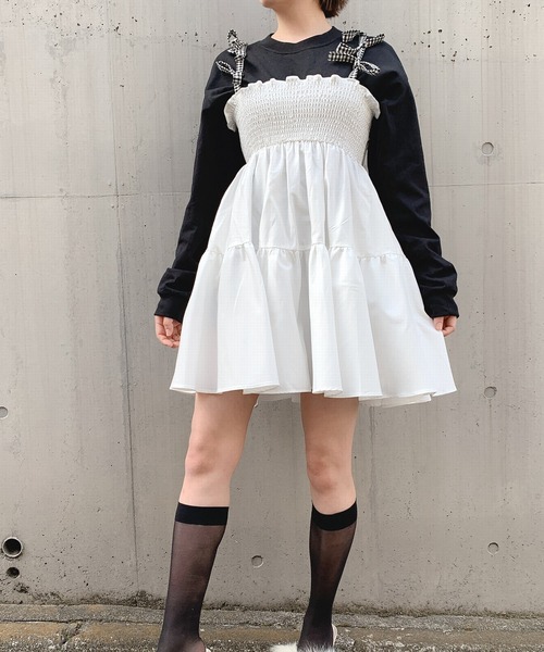 PAIN（ペイン）の「リボンショルダーフレアチュニック（ワンピース・レディース・ホワイト系その他/ブラック系その他/ホワイト×ブラック/ブラック×ホワイト・FREE）」の2枚目の写真