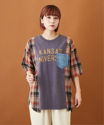 CUBE SUGAR | 天竺 パウダー加工 リメイク風 ロング ５分袖 Tシャツ(Tシャツ/カットソー)