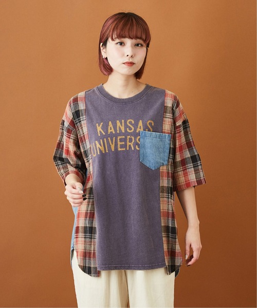 CUBE SUGAR(キューブシュガー)の「天竺 パウダー加工 リメイク風 ロング 5分袖 Tシャツ(Tシャツ/カットソー・レディース・チャコールグレー/ネイビー/マスタード・M)」の2枚目の写真
