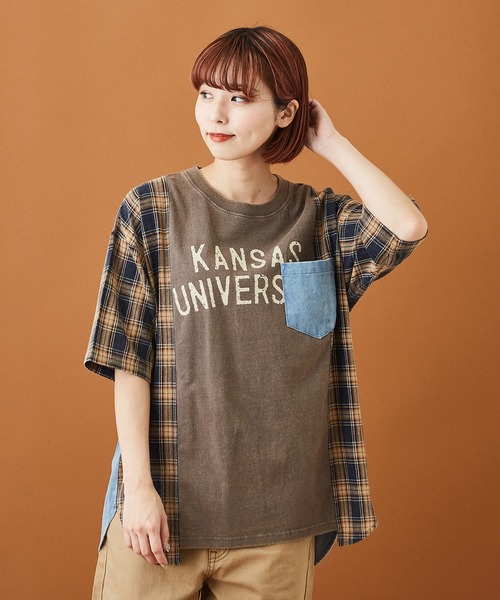 CUBE SUGAR(キューブシュガー)の「天竺 パウダー加工 リメイク風 ロング 5分袖 Tシャツ(Tシャツ/カットソー・レディース・チャコールグレー/ネイビー/マスタード・M)」の1枚目の写真