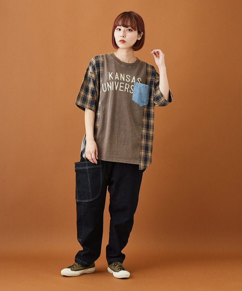 CUBE SUGAR(キューブシュガー)の「天竺 パウダー加工 リメイク風 ロング 5分袖 Tシャツ(Tシャツ/カットソー・レディース・チャコールグレー/ネイビー/マスタード・M)」の5枚目の写真