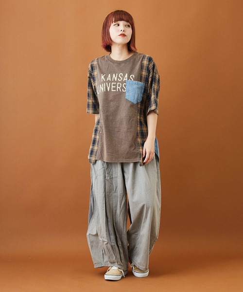 CUBE SUGAR(キューブシュガー)の「天竺 パウダー加工 リメイク風 ロング 5分袖 Tシャツ(Tシャツ/カットソー・レディース・チャコールグレー/ネイビー/マスタード・M)」の6枚目の写真