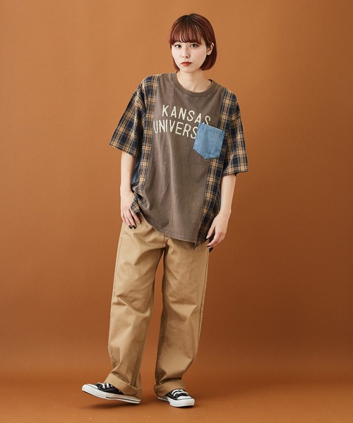 CUBE SUGAR(キューブシュガー)の「天竺 パウダー加工 リメイク風 ロング 5分袖 Tシャツ(Tシャツ/カットソー・レディース・チャコールグレー/ネイビー/マスタード・M)」の7枚目の写真