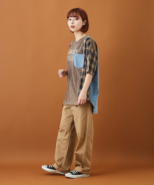 CUBE SUGAR(キューブシュガー)の「天竺 パウダー加工 リメイク風 ロング 5分袖 Tシャツ(Tシャツ/カットソー・レディース・チャコールグレー/ネイビー/マスタード・M)」の8枚目の写真