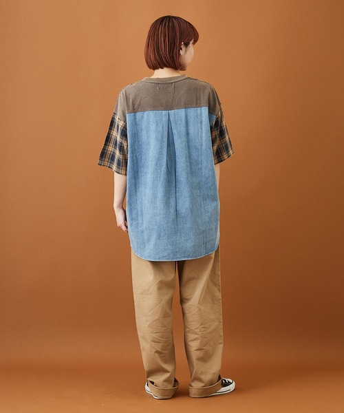 CUBE SUGAR(キューブシュガー)の「天竺 パウダー加工 リメイク風 ロング 5分袖 Tシャツ(Tシャツ/カットソー・レディース・チャコールグレー/ネイビー/マスタード・M)」の9枚目の写真