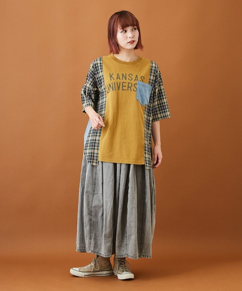 CUBE SUGAR(キューブシュガー)の「天竺 パウダー加工 リメイク風 ロング 5分袖 Tシャツ(Tシャツ/カットソー・レディース・チャコールグレー/ネイビー/マスタード・M)」の10枚目の写真
