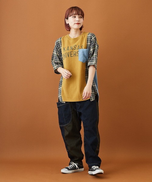 CUBE SUGAR(キューブシュガー)の「天竺 パウダー加工 リメイク風 ロング 5分袖 Tシャツ(Tシャツ/カットソー・レディース・チャコールグレー/ネイビー/マスタード・M)」の11枚目の写真