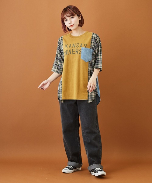 CUBE SUGAR(キューブシュガー)の「天竺 パウダー加工 リメイク風 ロング 5分袖 Tシャツ(Tシャツ/カットソー・レディース・チャコールグレー/ネイビー/マスタード・M)」の12枚目の写真