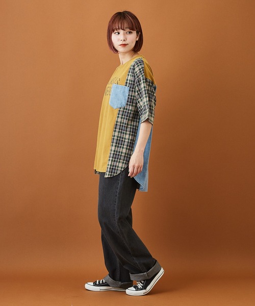 CUBE SUGAR(キューブシュガー)の「天竺 パウダー加工 リメイク風 ロング 5分袖 Tシャツ(Tシャツ/カットソー・レディース・チャコールグレー/ネイビー/マスタード・M)」の13枚目の写真