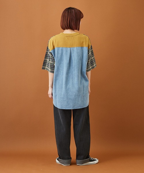 CUBE SUGAR(キューブシュガー)の「天竺 パウダー加工 リメイク風 ロング 5分袖 Tシャツ(Tシャツ/カットソー・レディース・チャコールグレー/ネイビー/マスタード・M)」の14枚目の写真